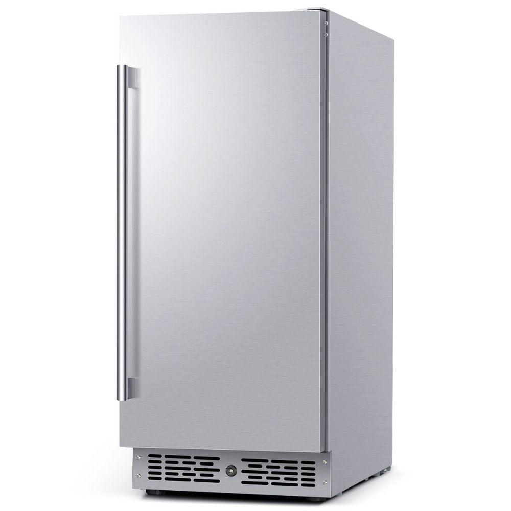 Stainless steel outdoor refrigerator on a white background