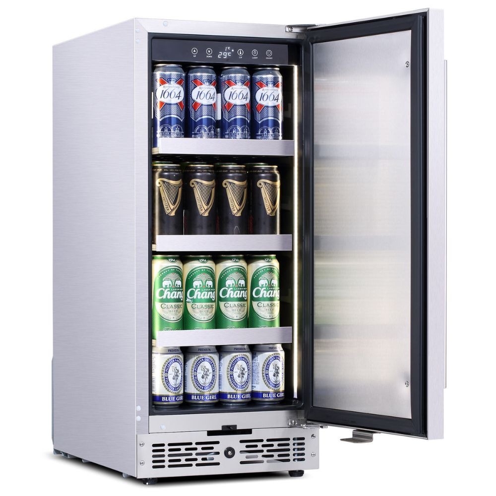 Beverage cooler with various cans of beer and drinks on a white background