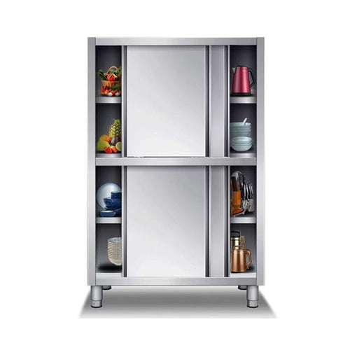 Metal kitchen cabinet with open doors displaying various kitchen items on a white background