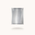 Stainless steel appliance door on a white background