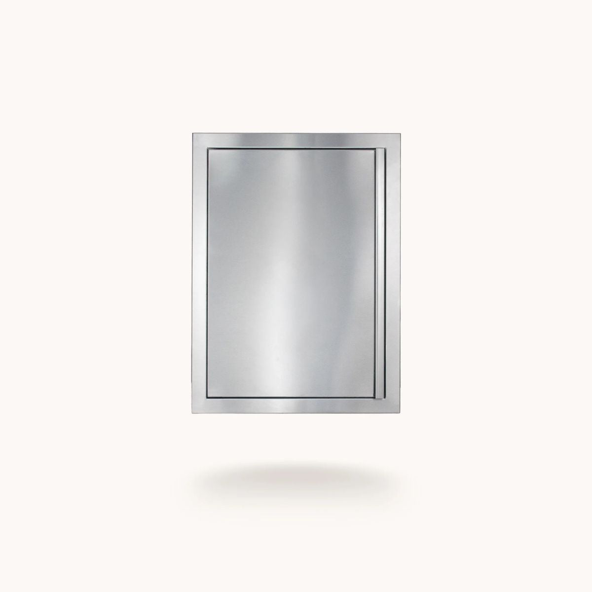 Stainless steel appliance door on a white background