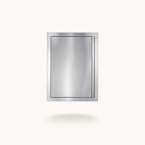 Stainless steel appliance door on a white background