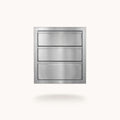 A stainless steel three-drawer cabinet or drawer-front panel shown centered on a plain light background with a soft shadow underneath.