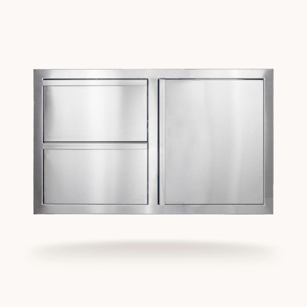 A stainless steel wall-mounted double door cabinet or closet organizer with two recessed doors on the left and one larger door on the right, shown against a plain off-white background with a soft shadow underneath.
