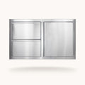 A stainless steel wall-mounted double door cabinet or closet organizer with two recessed doors on the left and one larger door on the right, shown against a plain off-white background with a soft shadow underneath.