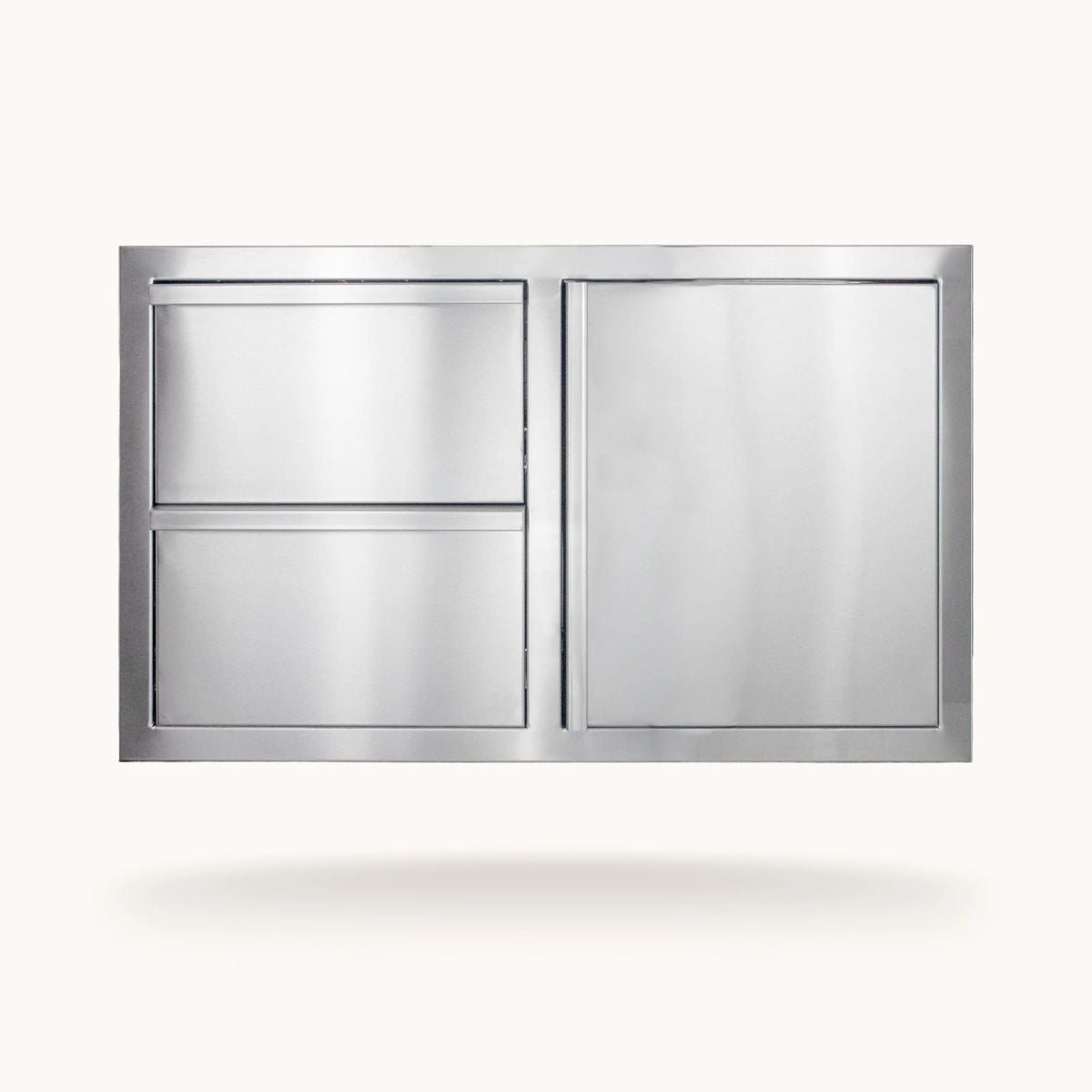 A stainless steel wall-mounted double door cabinet or closet organizer with two recessed doors on the left and one larger door on the right, shown against a plain off-white background with a soft shadow underneath.