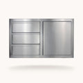 A stainless steel outdoor cabinet with three horizontal drawers on the left and a single larger door on the right, shown against a plain off-white background with a soft shadow underneath.