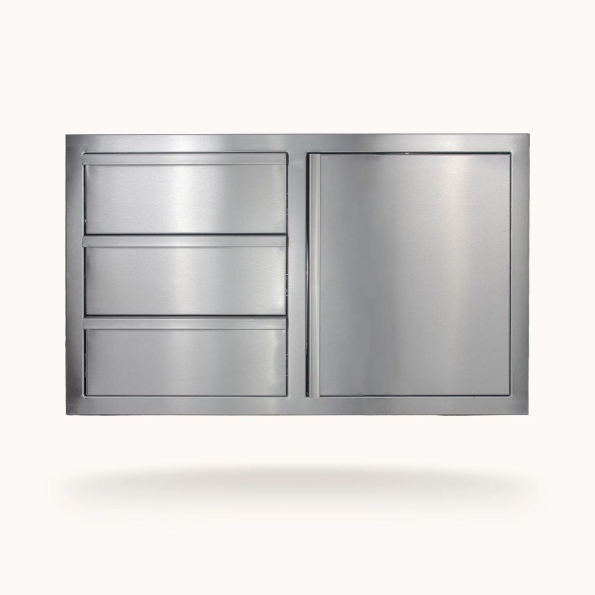 A stainless steel outdoor cabinet with three horizontal drawers on the left and a single larger door on the right, shown against a plain off-white background with a soft shadow underneath.