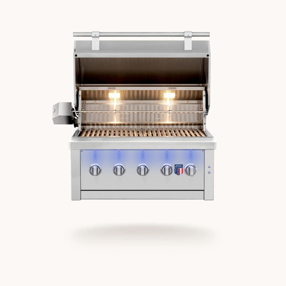 Stainless steel grill with glowing lights on a white background