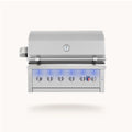 Stainless steel grill with blue LED lights on a white background