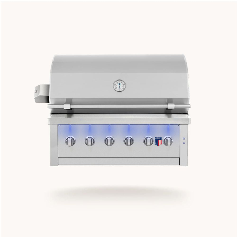 Stainless steel grill with blue LED lights on a white background