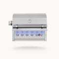 Stainless steel grill with blue LED lights on a white background