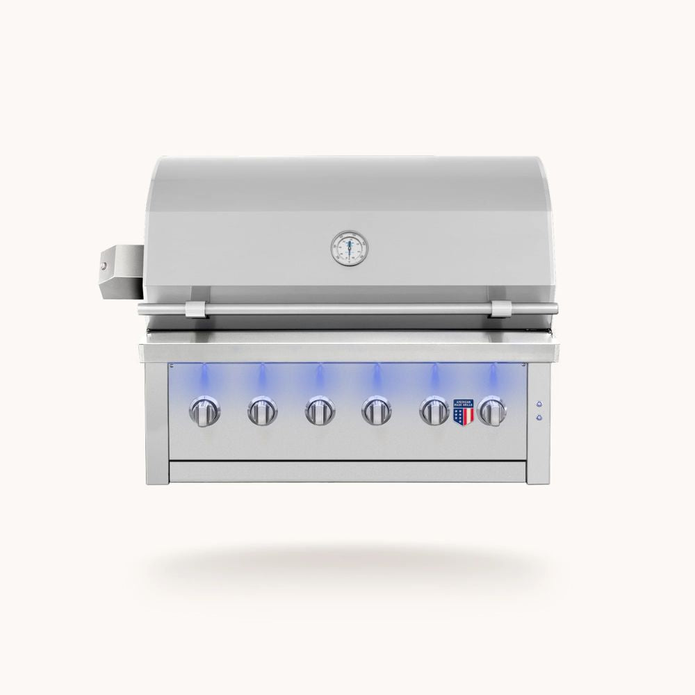 Stainless steel grill with blue LED lights on a white background