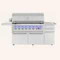A stainless steel outdoor kitchen grill and cookstation with six front burners, blue LED lighting, a side deck shelf, three lower drawers, and a top-right prep table, shown on a plain light beige background.