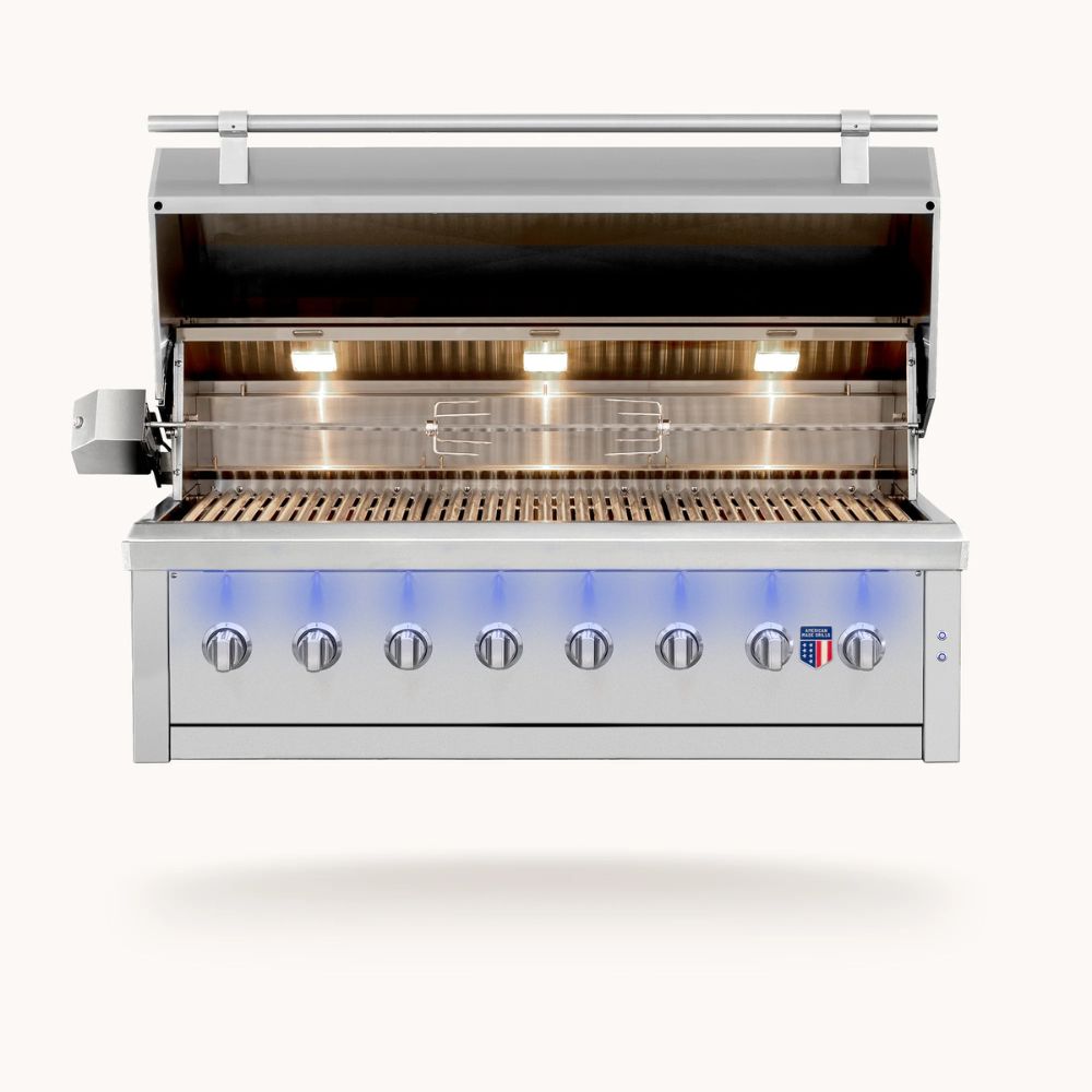 A stainless steel outdoor gas grill with its lid open, showing the lit interior grates and cooking rack. The front features eight control knobs illuminated by blue LED lighting, set against a clean off-white background.