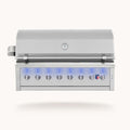 Stainless steel grill with LED control panel on a white background