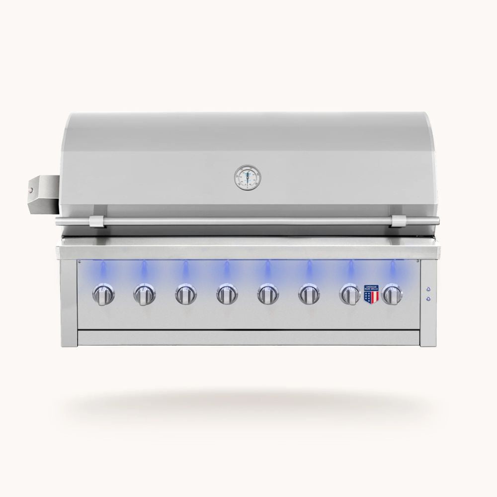 Stainless steel grill with LED control panel on a white background
