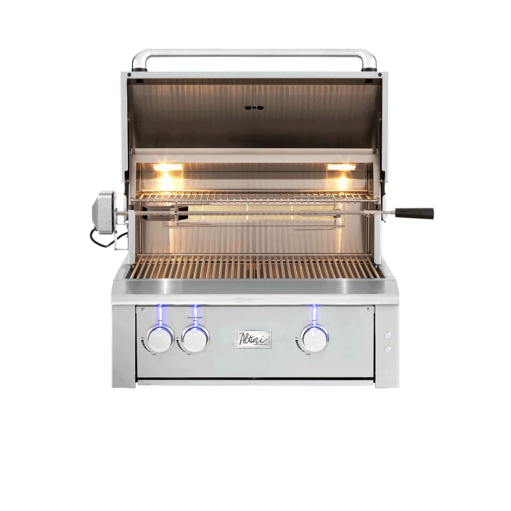 Stainless steel grill with glowing interior on a white background