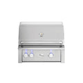 A stainless steel built-in gas grill with a closed lid, featuring a temperature gauge on the lid, a front handle, three control knobs with blue LED accents, and a visible 'Majestic' brand logo on the front panel.
