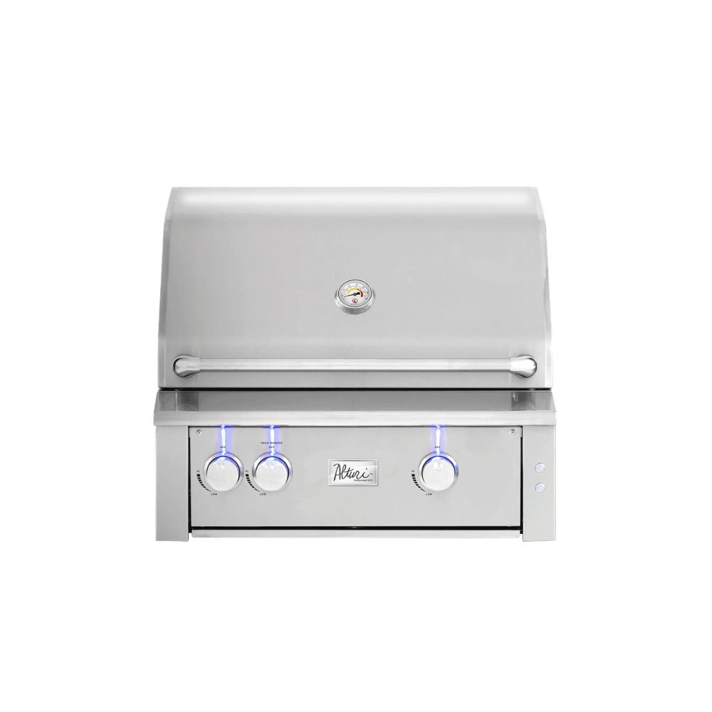 A stainless steel built-in gas grill with a closed lid, featuring a temperature gauge on the lid, a front handle, three control knobs with blue LED accents, and a visible 'Majestic' brand logo on the front panel.