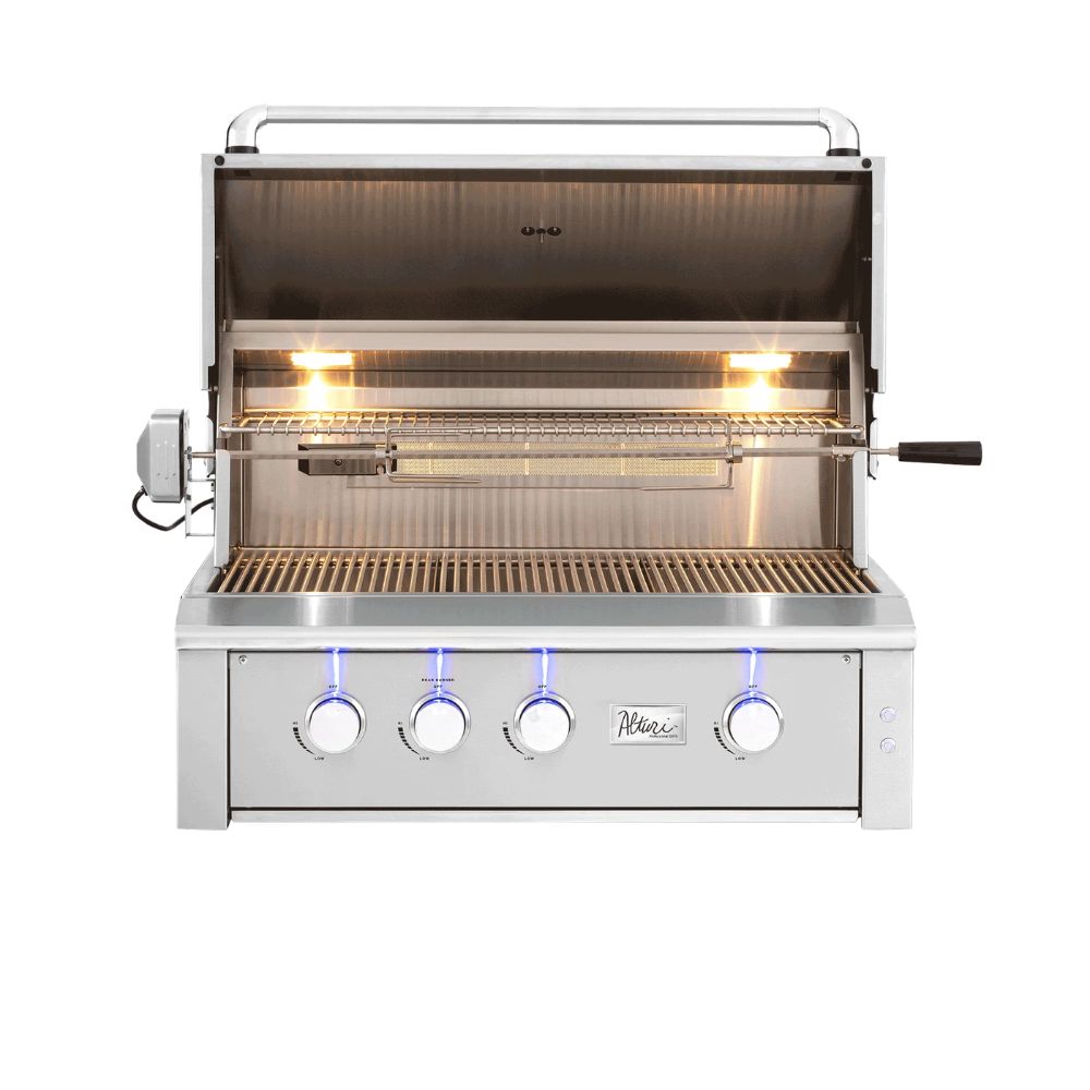 Stainless steel grill with visible brand logo on a white background