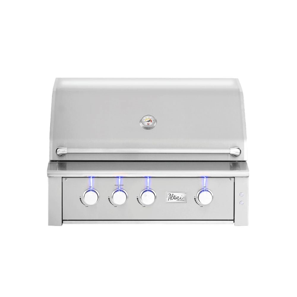 A stainless steel built-in gas grill with a curved lid, four control knobs on the front, blue LED glow accents, and a small brand plaque on a clean white background.