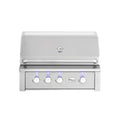 A stainless steel built-in gas grill with a curved lid, four control knobs on the front, blue LED glow accents, and a small brand plaque on a clean white background.