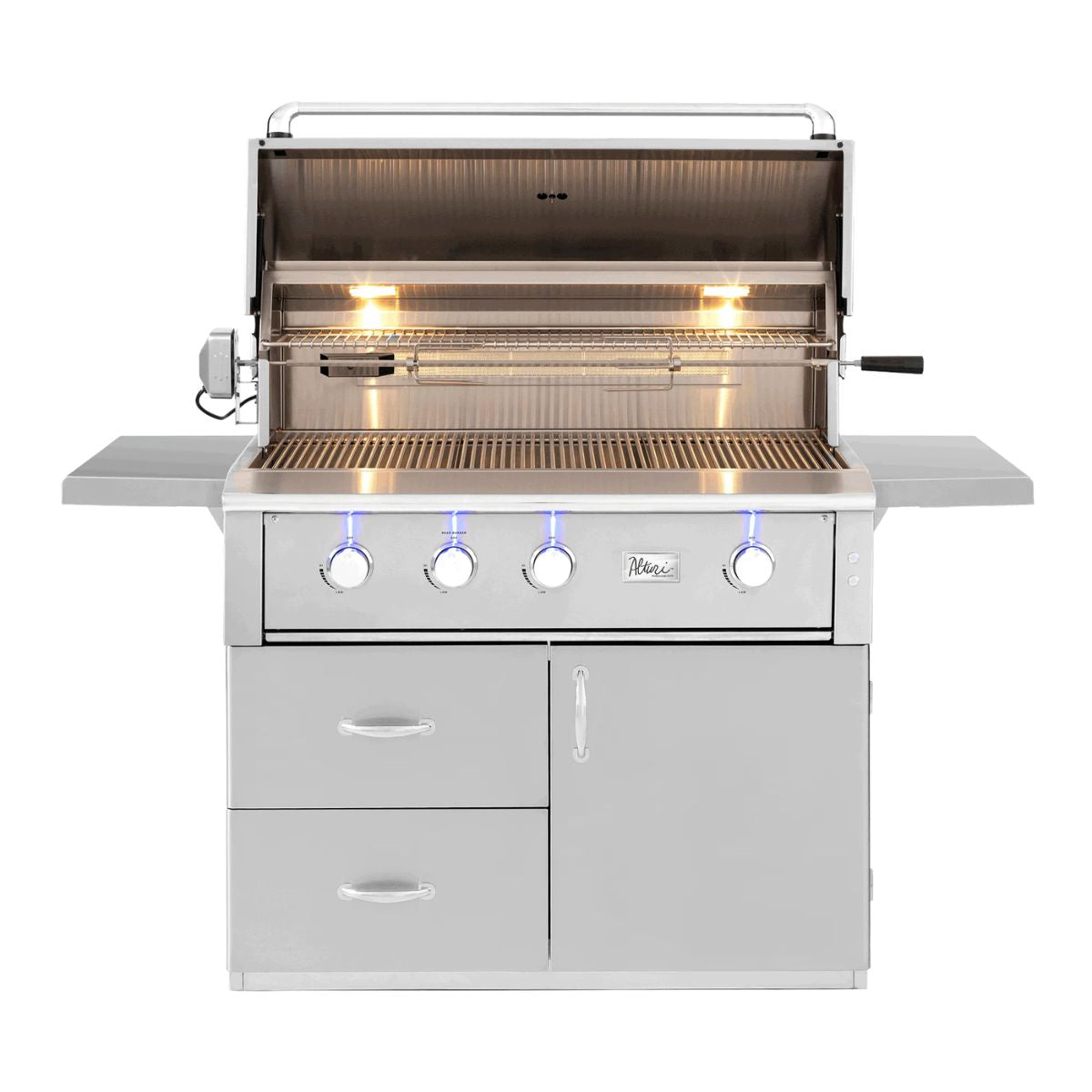 A stainless steel outdoor gas grill with an open lid, side shelves, four control knobs, blue accent lighting, and a lower storage cabinet, shown on a plain white background.