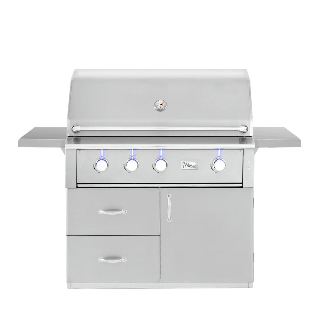 A stainless steel outdoor gas grill with side shelves, two front drawers, and a control panel with four knobs and blue LED accents, shown on a plain white background.