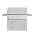 A stainless steel outdoor gas grill with side shelves, two front drawers, and a control panel with four knobs and blue LED accents, shown on a plain white background.
