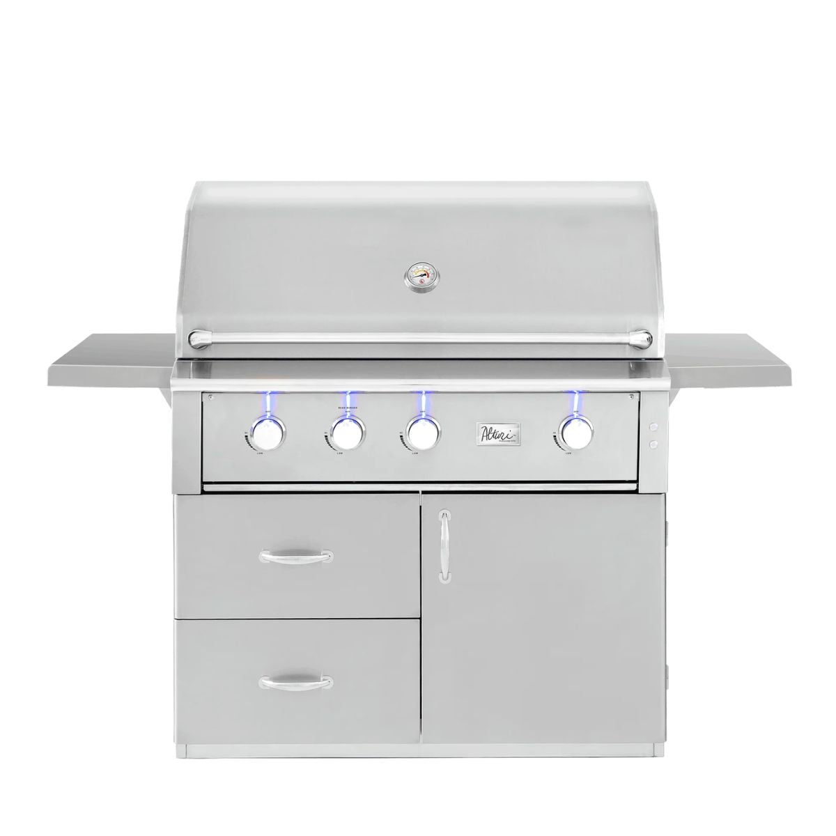 A stainless steel outdoor gas grill with side shelves, two front drawers, and a control panel with four knobs and blue LED accents, shown on a plain white background.