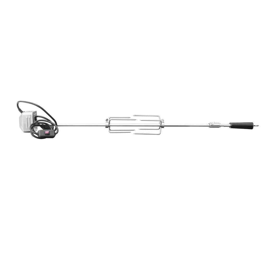 A commercial kitchen rotisserie featuring a long stainless steel paddle attachment with a white motor housing, black power cord, and black handle, shown against a plain white background.