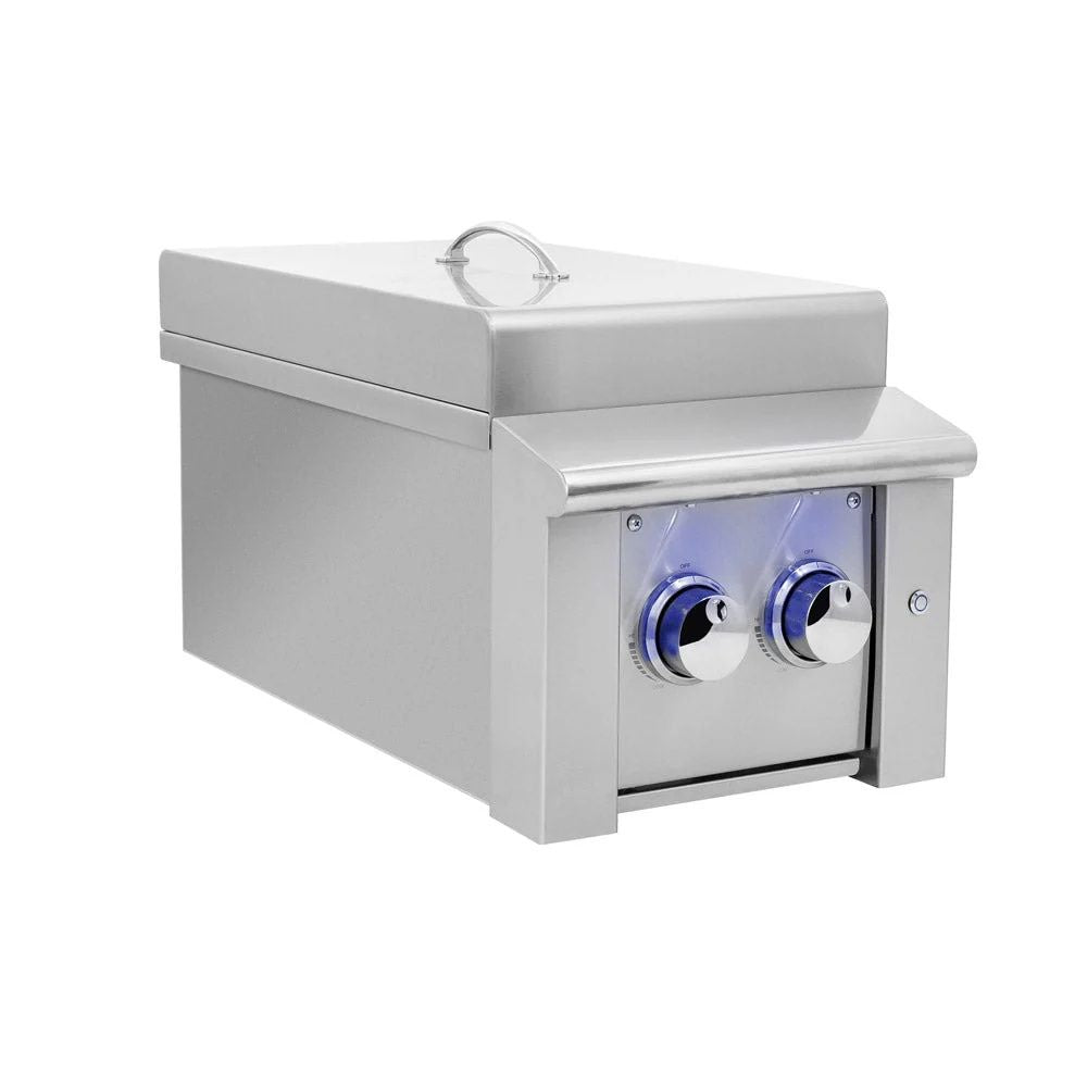 Stainless steel outdoor kitchen sink with faucet on a white background