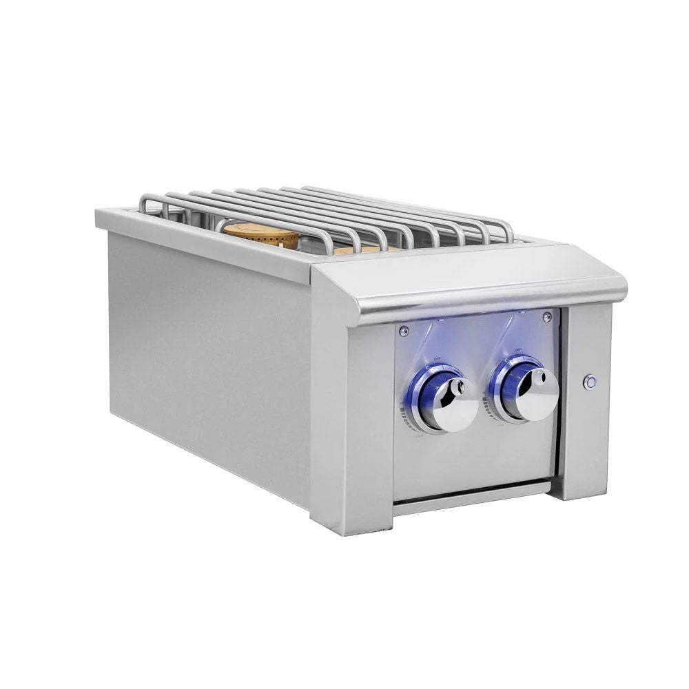 Stainless steel grill with two control knobs on a white background