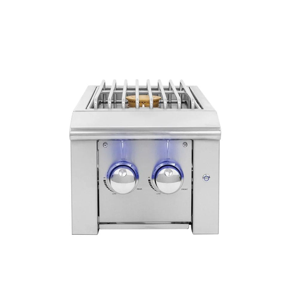 Stainless steel gas cooktop with two burners on a white background
