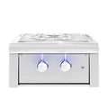 Stainless steel gas cooktop with two burners on a white background