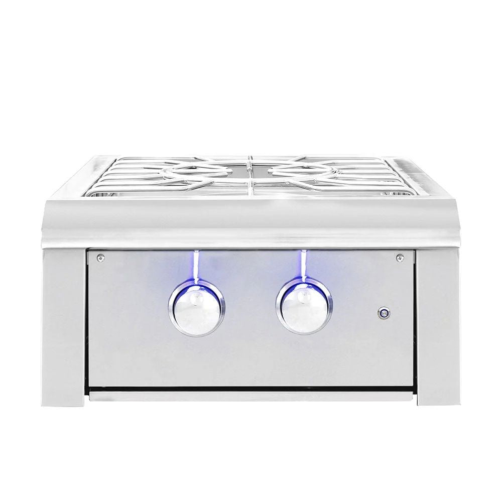 Stainless steel gas cooktop with two burners on a white background