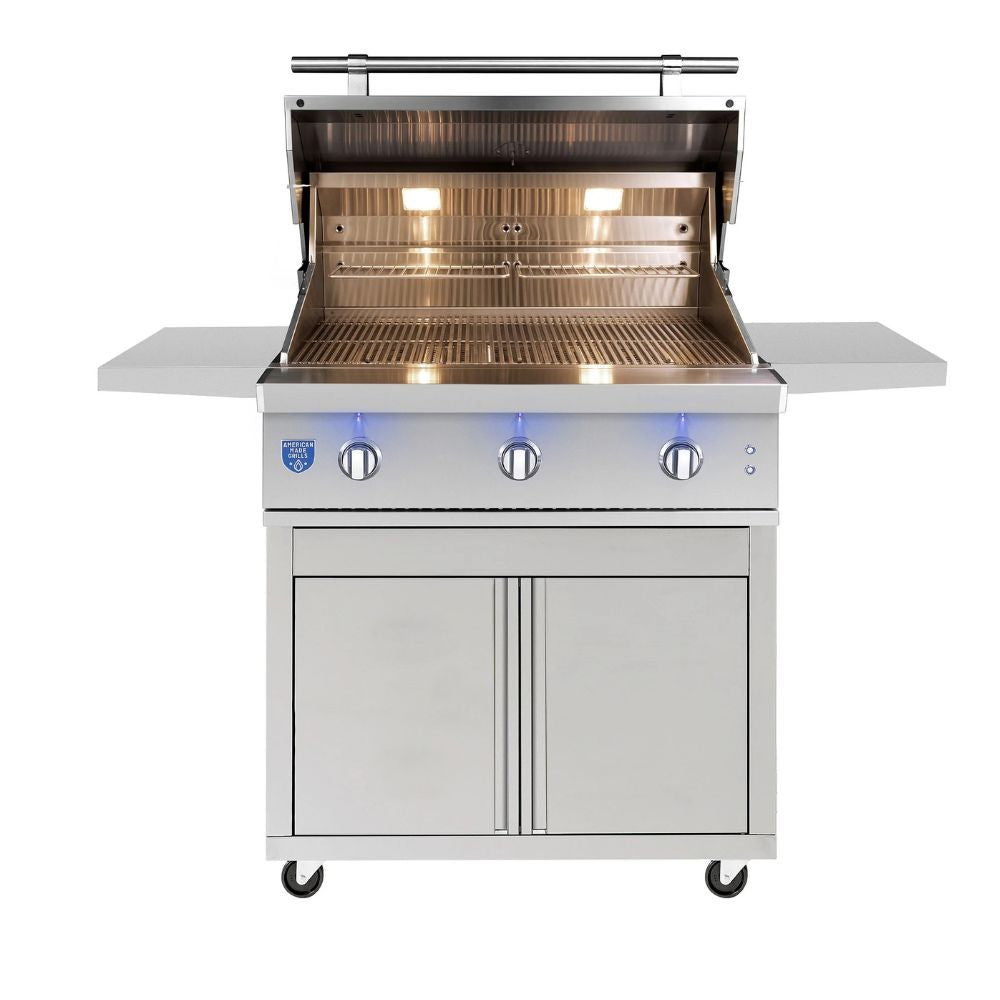 A stainless steel outdoor gas grill with an open lid, showing the lit interior grates and burners. It has a rectangular stainless steel base with two cabinet doors, four control knobs, blue accent lighting, and side shelves, set against a plain white background.