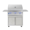 Stainless steel grill with three control knobs on a white background
