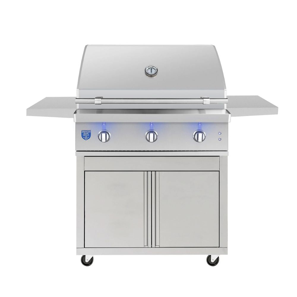 Stainless steel grill with three control knobs on a white background