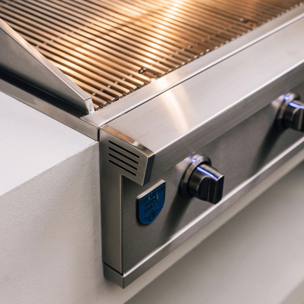 Stainless steel grill with a control knob on a light gray background