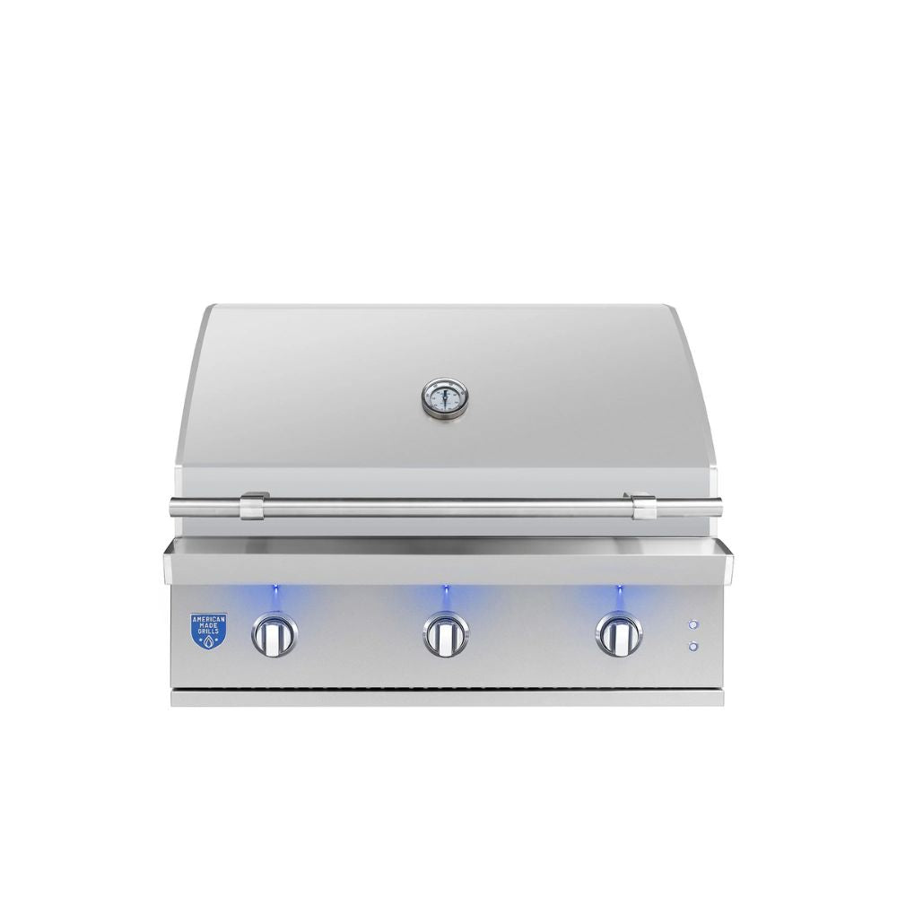 Stainless steel grill with blue LED lights on a white background