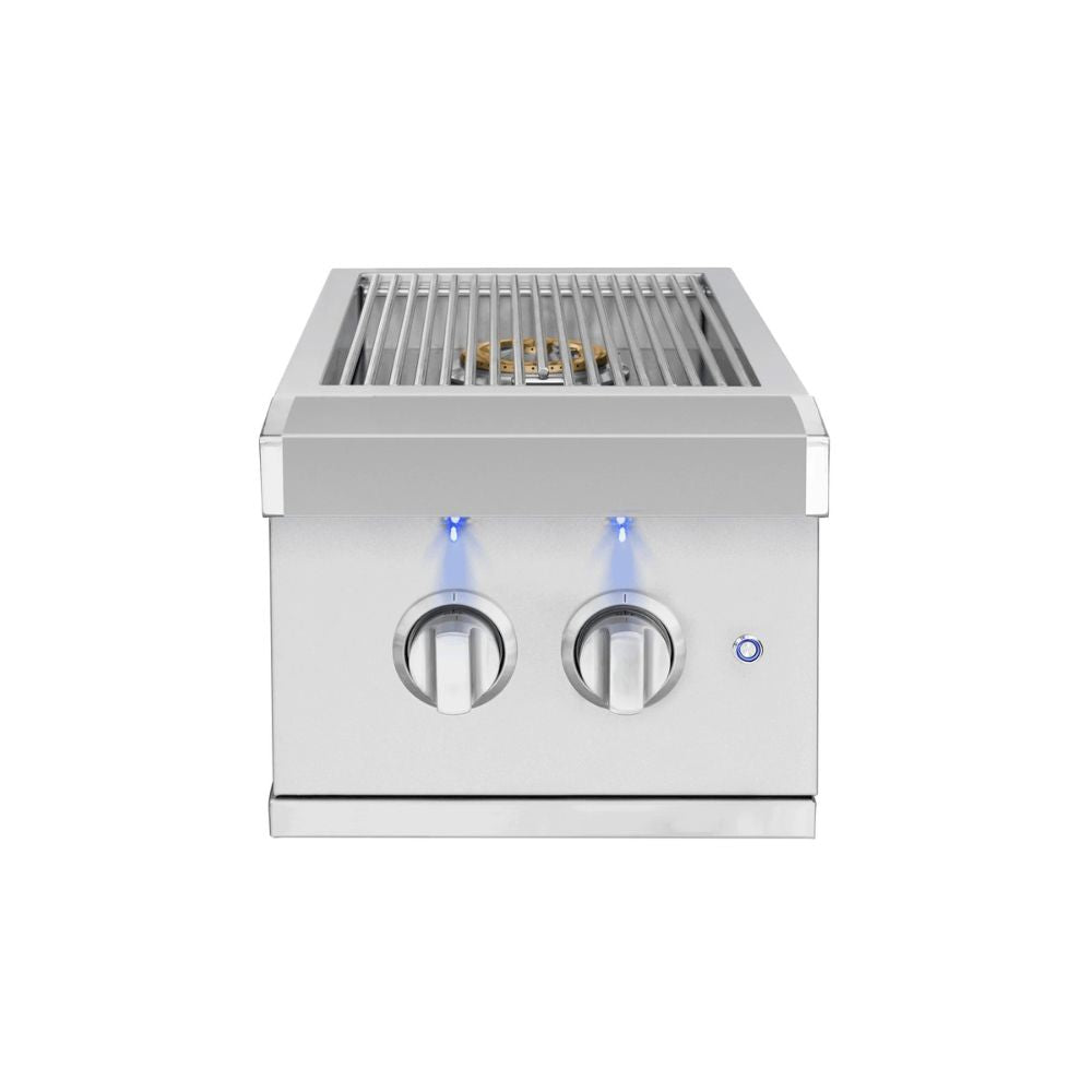A stainless steel outdoor gas grill with two front control knobs, blue indicator lights, and a top grilling grate, shown on a plain white background.