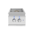 A stainless steel outdoor gas grill with two front control knobs, blue indicator lights, and a top grilling grate, shown on a plain white background.