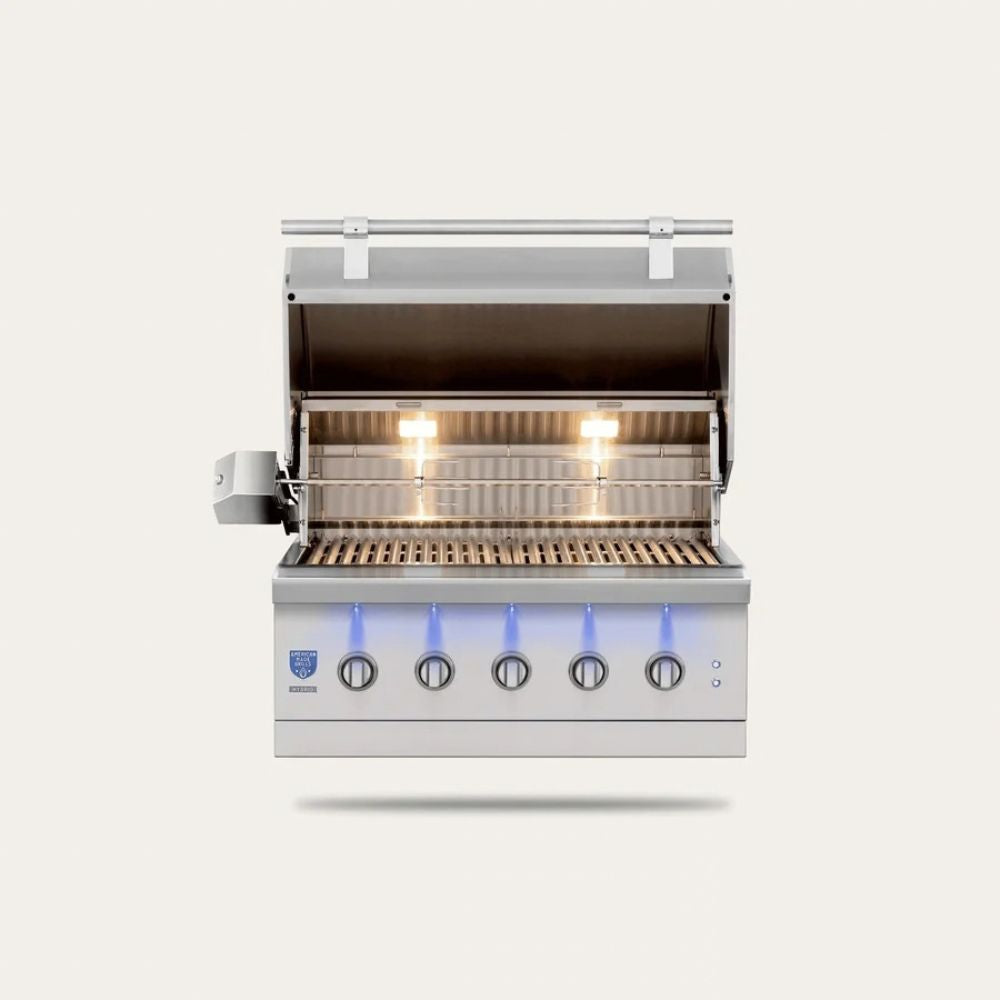 Stainless steel grill with glowing lights on a white background