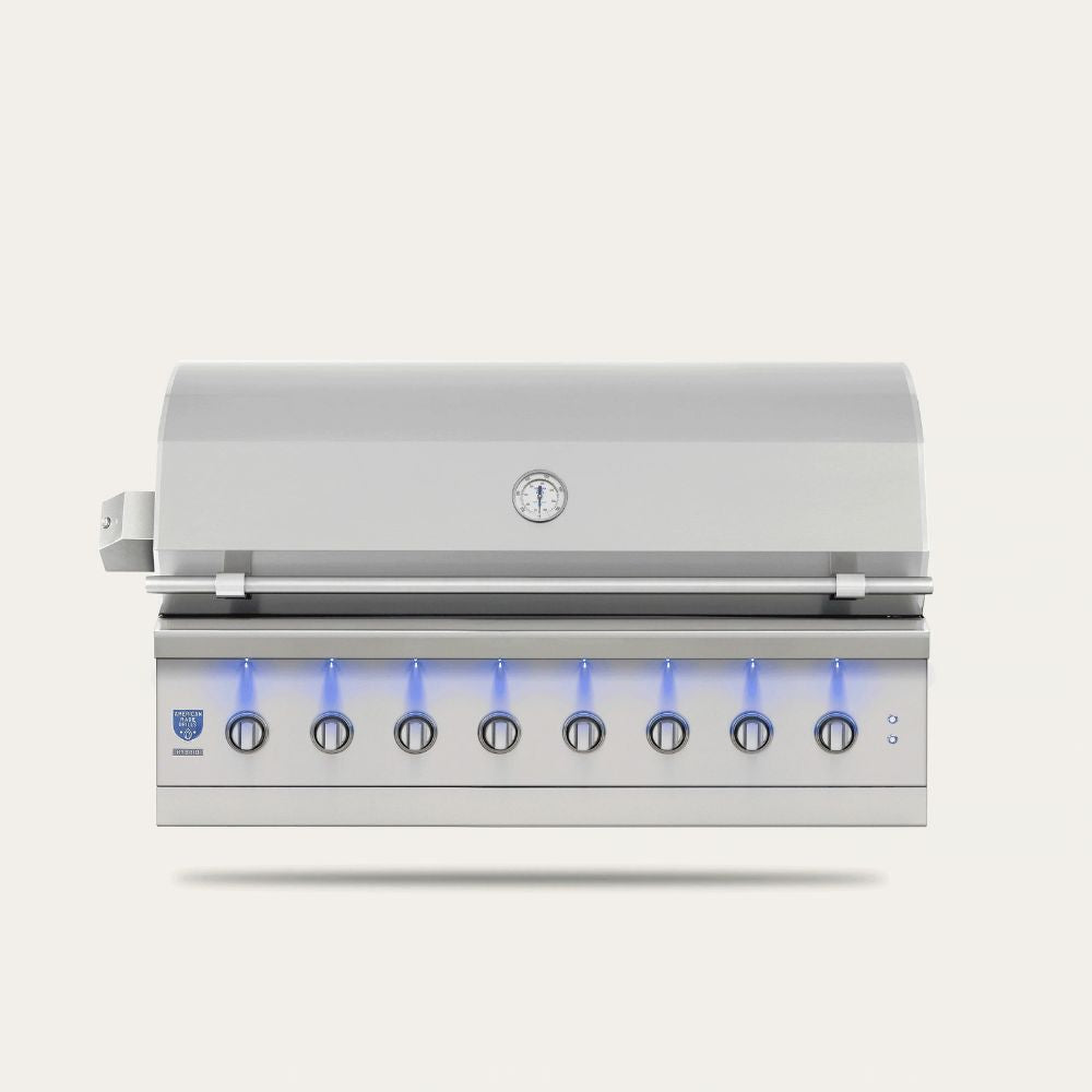 A stainless steel outdoor gas grill with a closed lid, featuring eight control knobs illuminated by blue LED lights on the front panel, set against a solid off-white background.