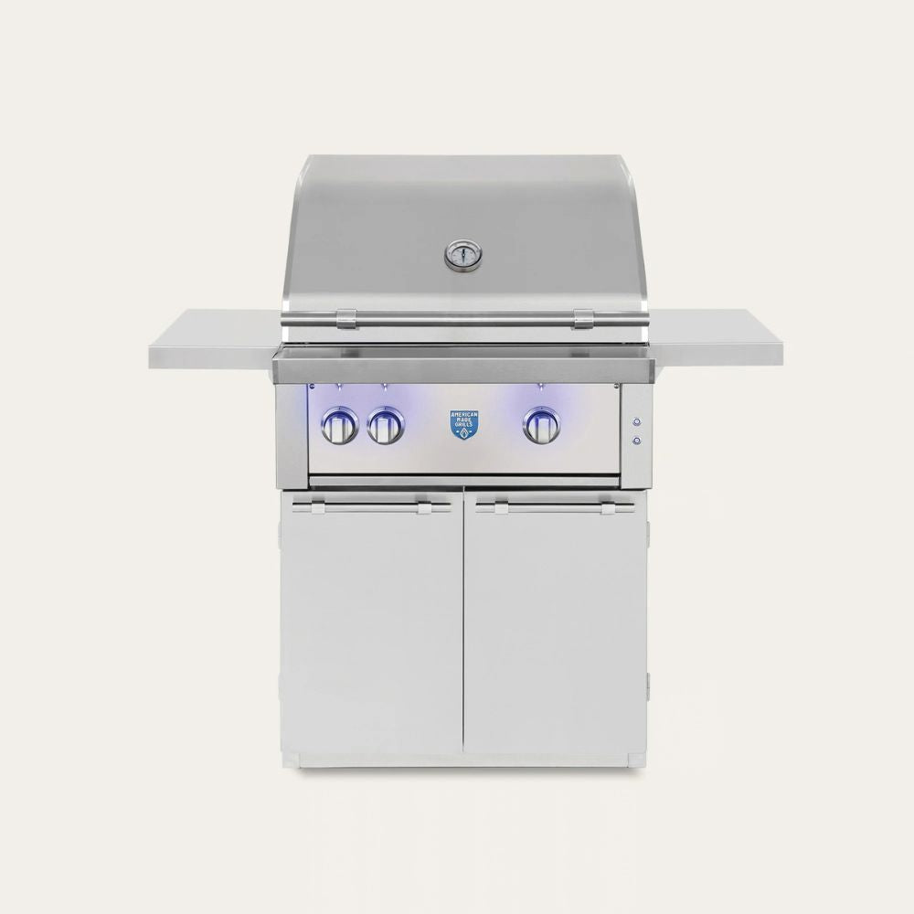 Stainless steel grill with LED lights on a white background