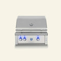 A stainless steel built-in gas grill with a closed lid, three control knobs, blue LED lighting accents, and a small blue logo badge on the front, shown against a solid light beige background.