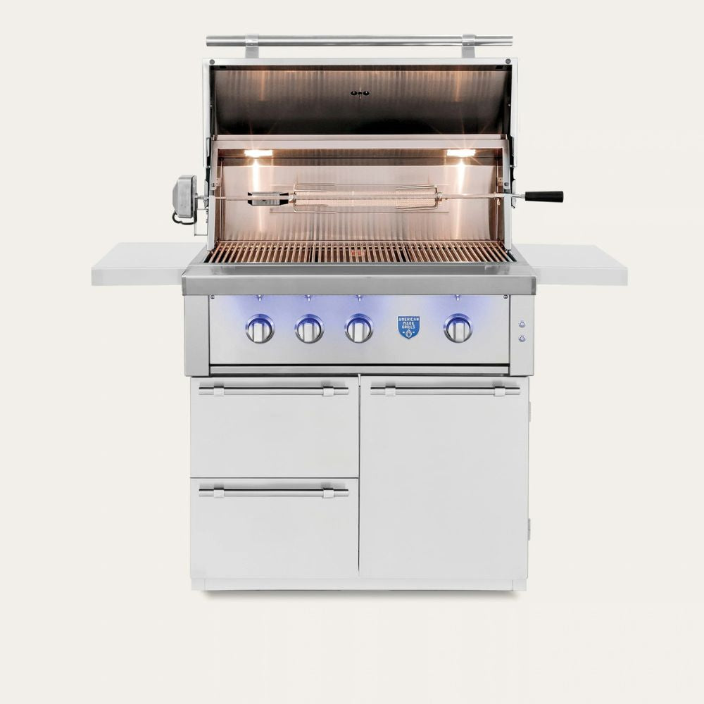 Stainless steel grill with LED lights on a white background