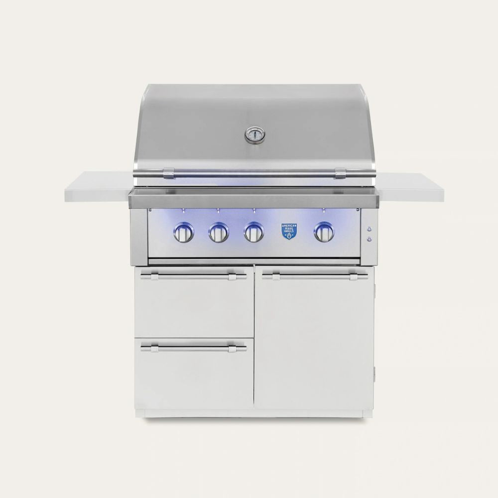 Stainless steel grill with LED lights on a white background